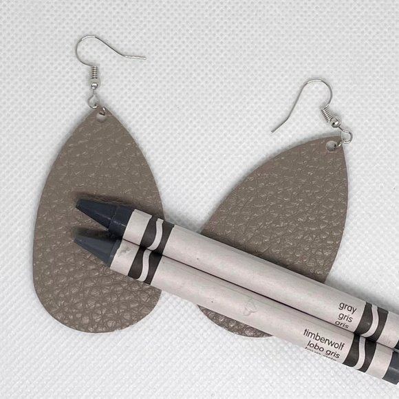 Teardrop Faux Leather Earrings in Warm Pewter Gray Lightweight New Textured - Picture 3 of 4